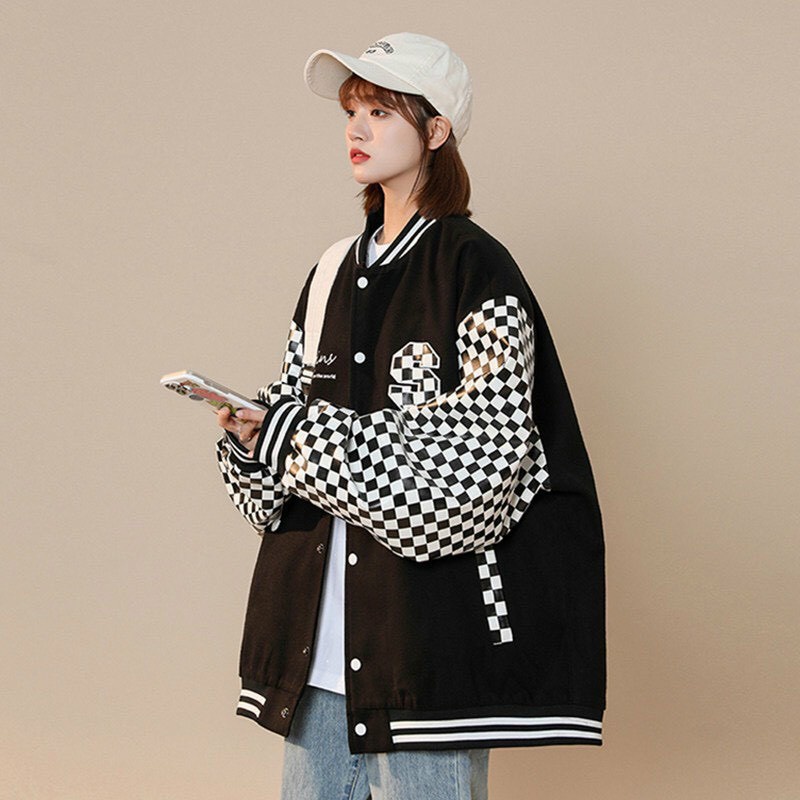 Áo Khoác Bomber Unisex Logo In Chữ S Phối Tay Caro Vải Dù 2 Lớp Phong Cách Ulzzang Học Sinh Cá Tính Hot Trend Mới