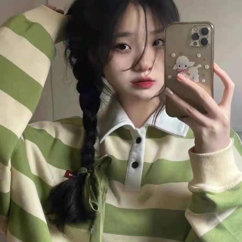 Áo Sweater Kẻ Sọc Form Rộng Cổ Polo Phong Cách Hàn Quốc S-2XL