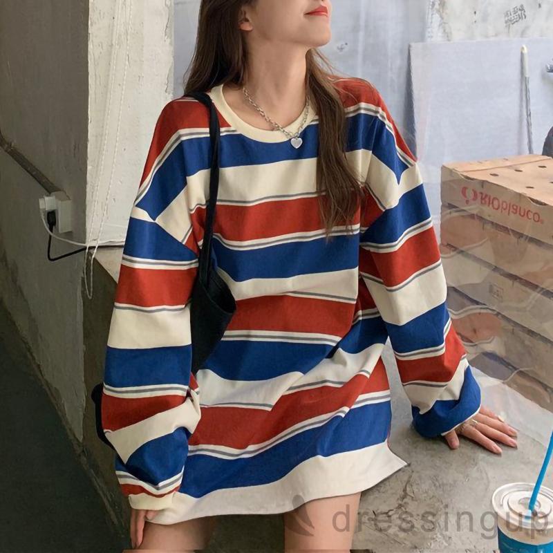 Áo thun tay dài cổ tròn dáng rộng kẻ sọc thời trang cho nữ
