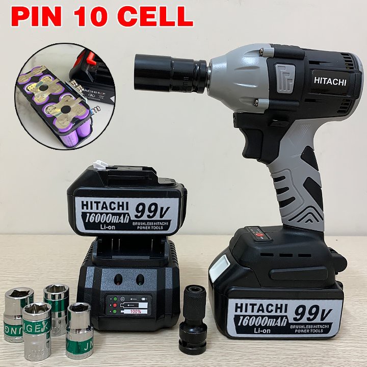 Máy Siết Bulong HITACHI 99V - TẶNG 5 Đầu Khẩu - Không Chổi Than Đầu rỗng Bắt vít Khoan - Pin 10 Cell - Made in Malaysia