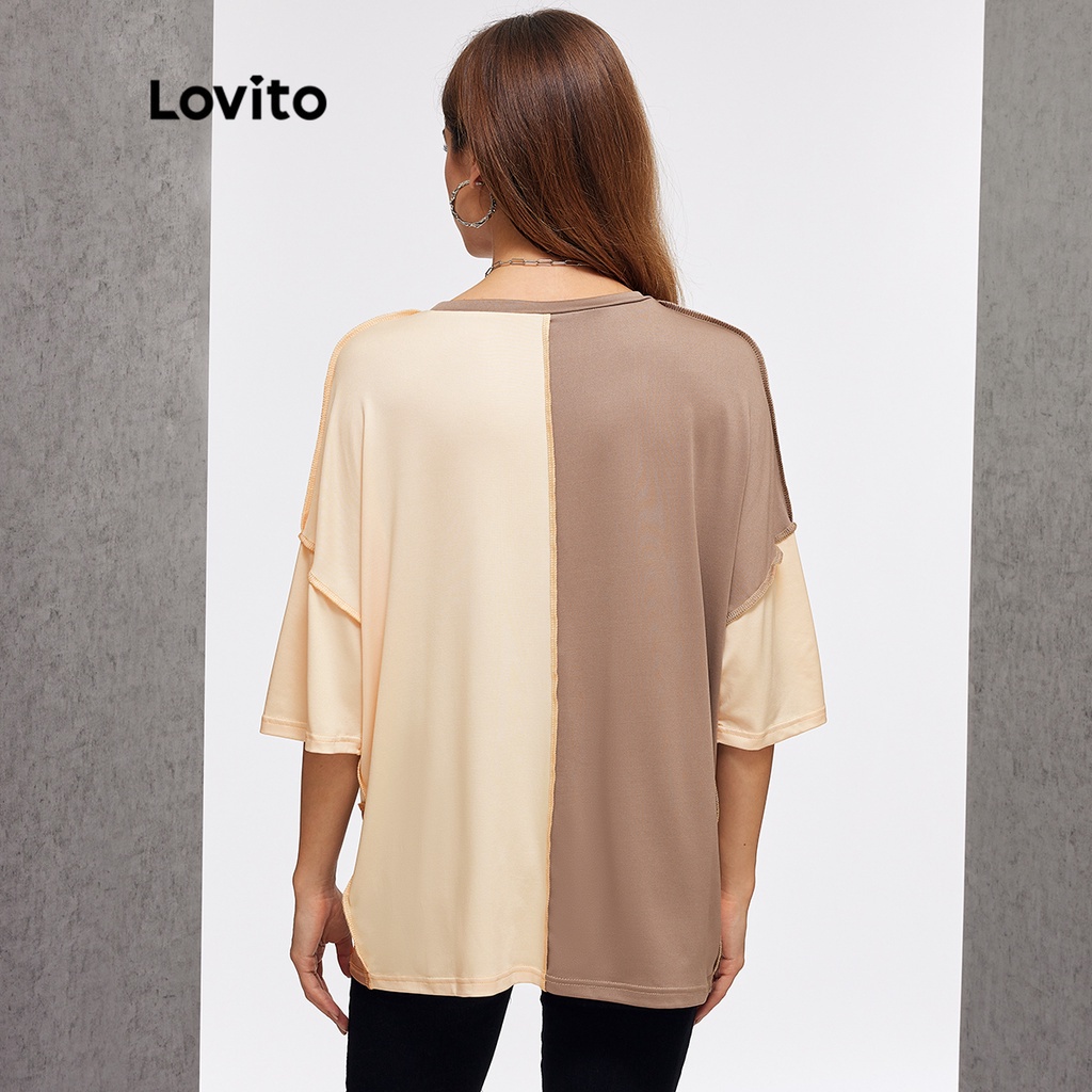 (Hàng có sẵn) Lovito Áo Thun L20D1193 Phối Màu Tương Phản Thời Trang Cho Nữ