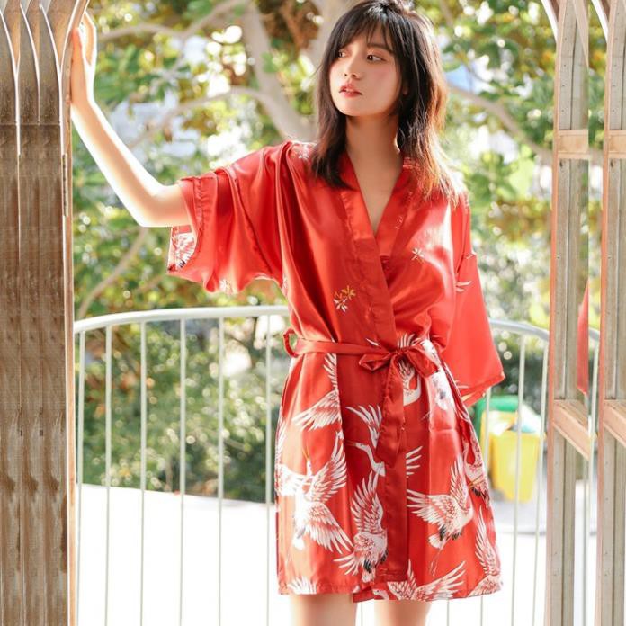 Áo choàng ngủ lụa cao cấp kiểu kimono in hình chim hạt sang trọng Thư Thư [HÀNG CAO CẤP] | BigBuy360 - bigbuy360.vn