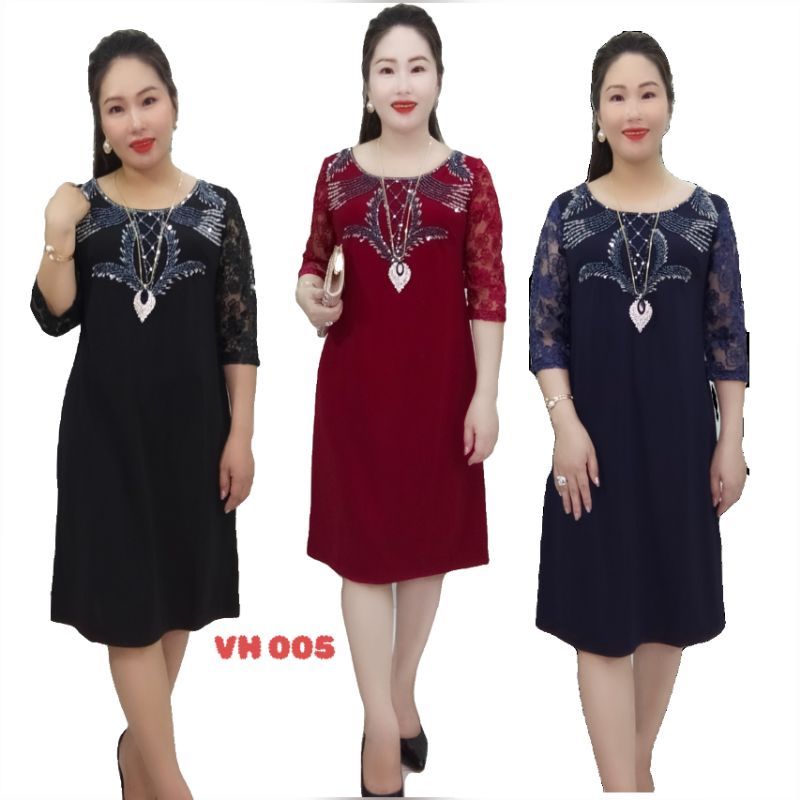 Váy Đầm trung niên kết đá cổ MãVH005 Tay phối zen- sang trọng ,Quý phái , Umi Lụa ý cao cấp mền mịn cấp co giãn tốt.