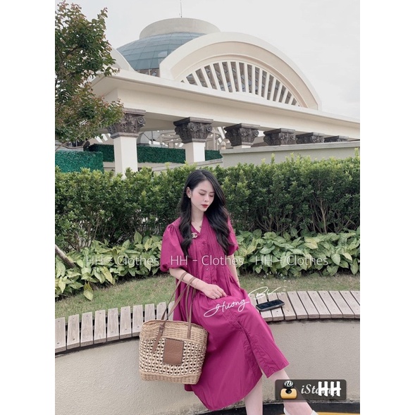 Đầm babydoll dáng dài xếp ly ngực tay phồng quảng châu