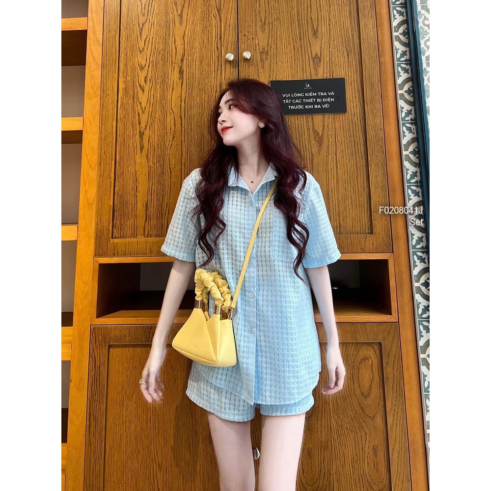 Set bộ xốp tơ kẻ ô áo sơ mi tay ngắn phối quần short!