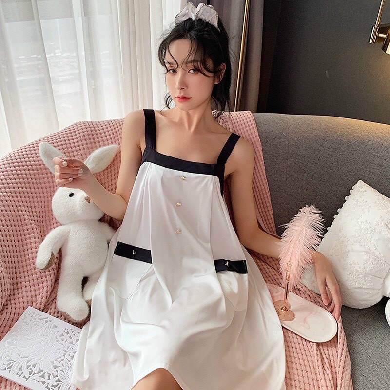 Váy ngủ lụa hai dây màu trơn chane,l 5