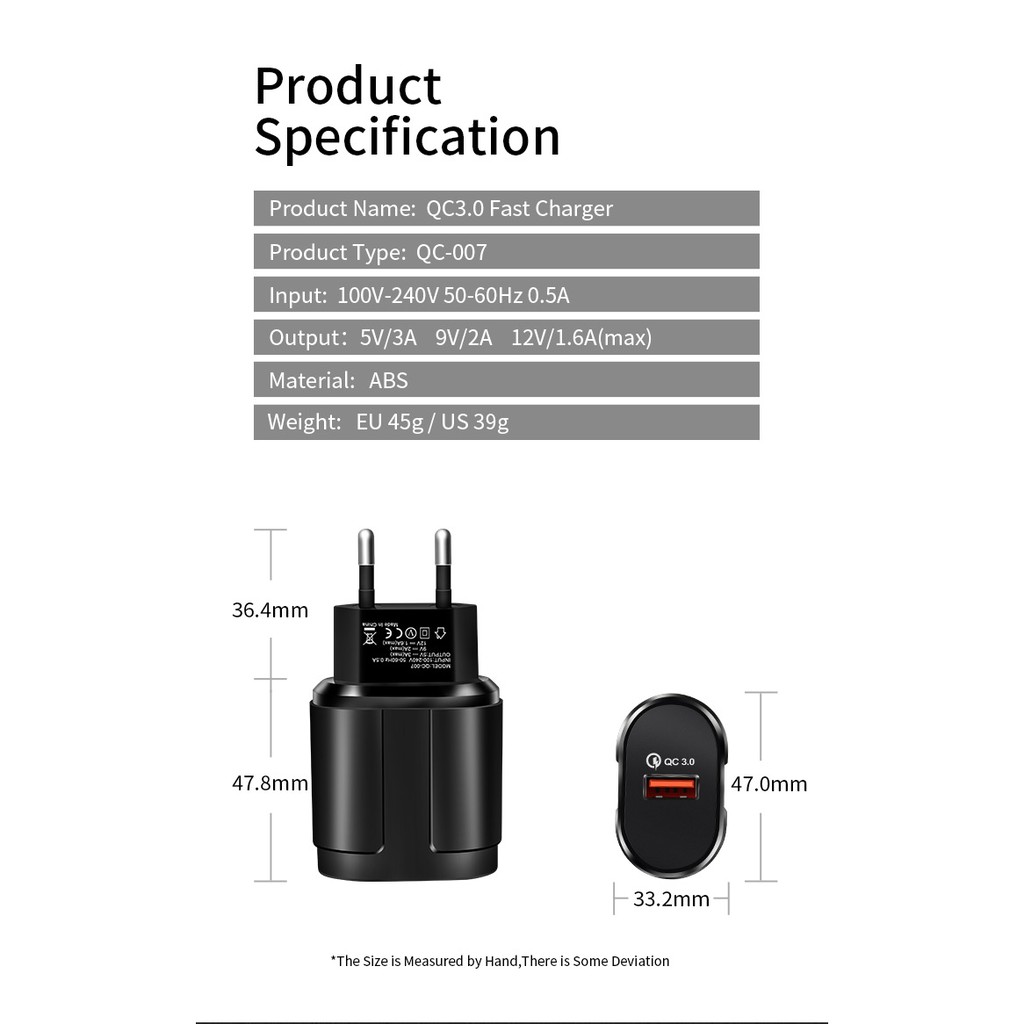 Cốc sạc nhanh ROCK QC3.0 USB 3.0 18W Đầu cắm EU cho Samsung iPhone
