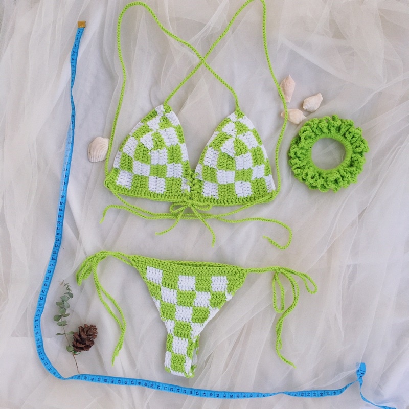 Set Bikini Caro Xanh Trắng, Bra Len Móc - xanhlanhes