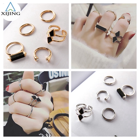 Bộ 5 nhẫn kim loại phong cách cổ điển có thể điều chỉnh hợp thời trang cho nữ