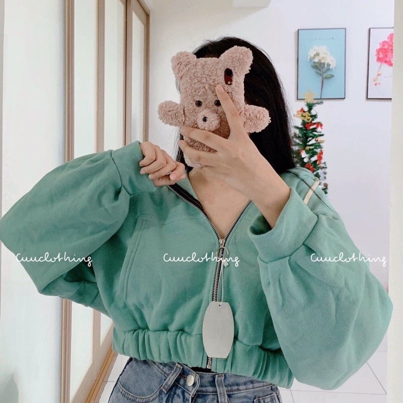 Áo khoác hoodie crotop nỉ tay bí có nón🍃🍃🍃🍃áo khoác nỉ bông khóa giữa, kiểu dáng coptop