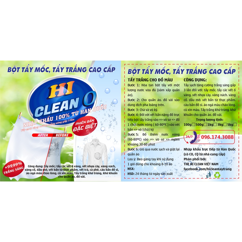 [Combo] Chất tẩy trắng quần áo MÀU + TRẮNG - Hi Clean - Nhập khẩu Hàn Quốc chính hãng làm sạch mọi vết bẩn cứng đầu