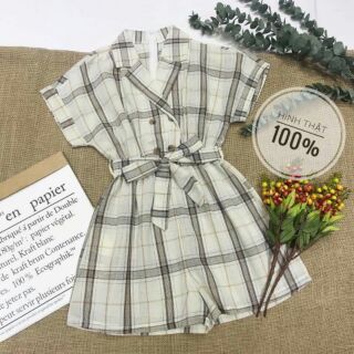 Jumsuit caro cổ vest nút nơ eo