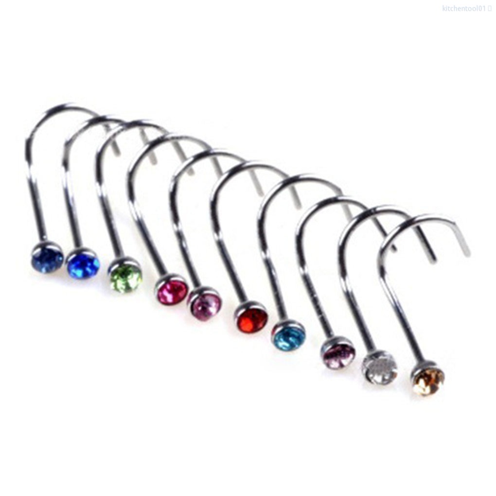 Set 10 khuyên mũi đính đá bằng thép không gỉ