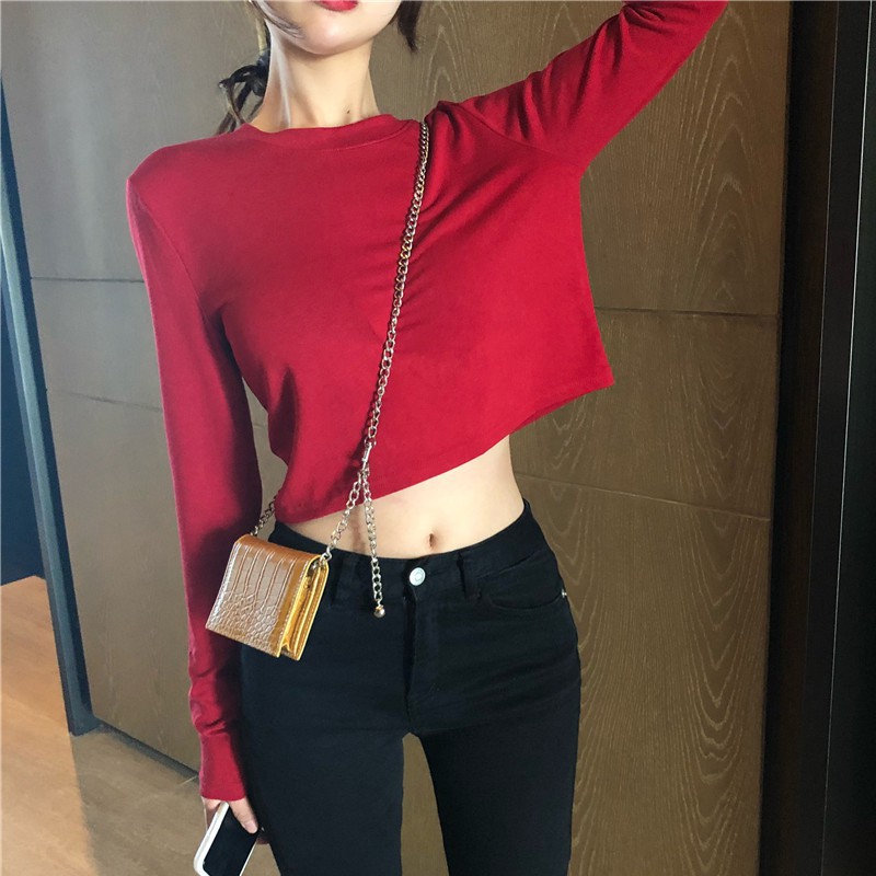Áo thun trơn cổ tròn dài tay kiểu dáng Hàn Quốc