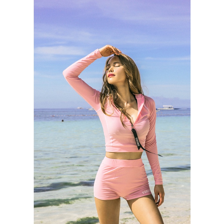 Bikini hai mảnh áo tay dài quần lưng cao dây khóa kéo phong cách năng động - M095 - Mermaid