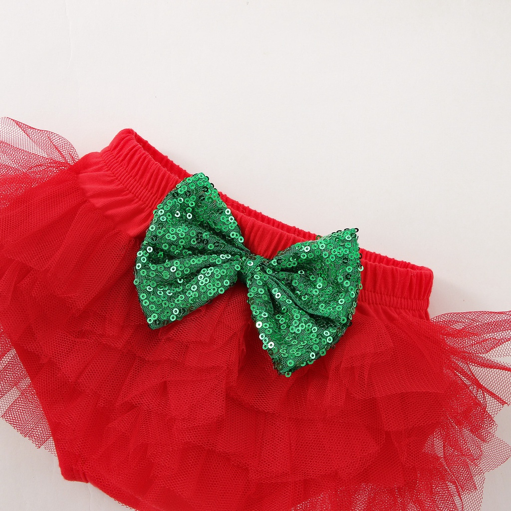 Bộ đồ 3 món BCBL gồm áo liền quần + chân váy tutu + băng đô nơ phong cách giáng sinh cho bé gái