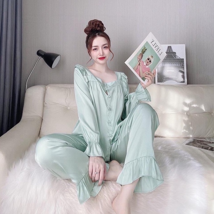Bộ Mặc Nhà Lụa Latin Cao Cấp Quần Dài Tay Dài Áo Cổ Vuông Tiểu Thư Sang Chảnh Freesize Dưới 57kg