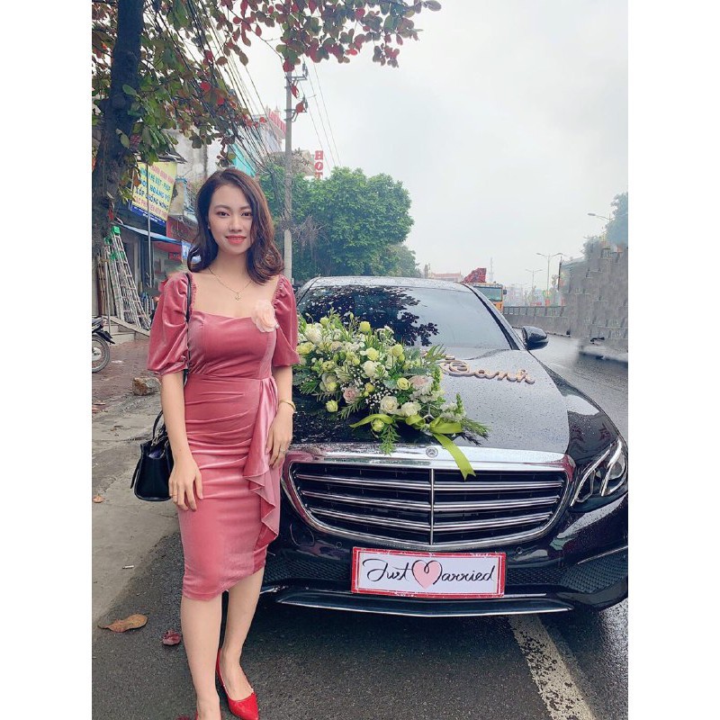 [ xả kho ] MiD Đầm nhung hàn cách điệu sang chảnh đính hoa eo V1233 kèm ảnh thật
