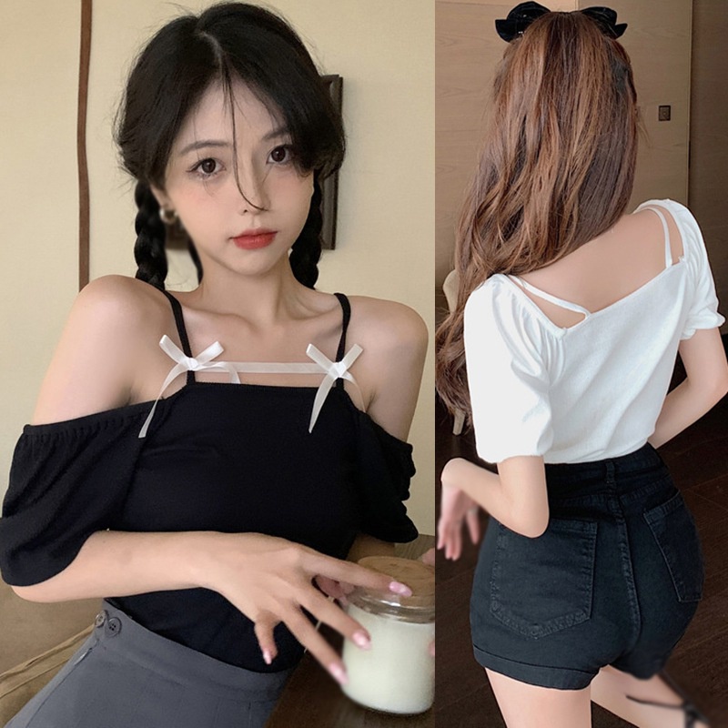 Áo Thun Tay Ngắn Phồng Cổ Vuông Đính Nơ Thời Trang Cho Nữ