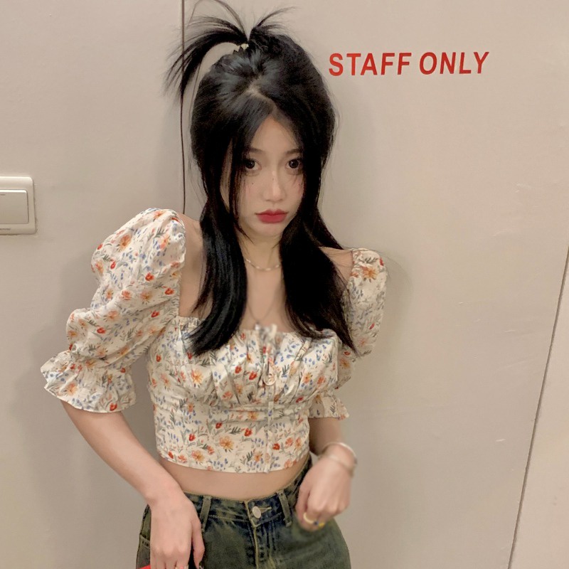 Áo Croptop Cổ Vuông Tay Ngắn In Họa Tiết Hoa Thời Trang Mùa Hè Hàn Quốc Cho Nữ