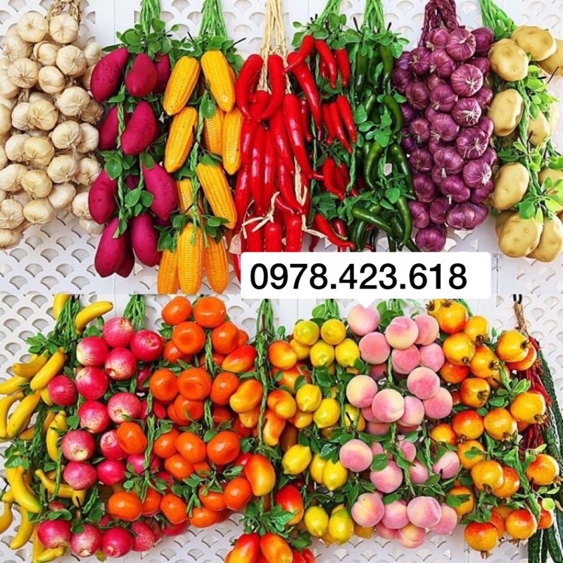 Dây hoa quả giả, trái cây giả, hành tỏi, ớt, ngô, nấm, khoai lang… dây nông sản giả treo trang trí