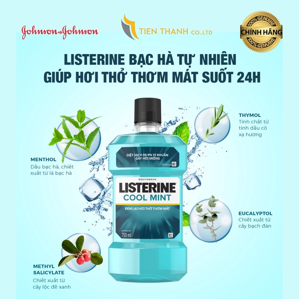 Nước súc miệng Listerine Coolmint diệt 99,9% vi khuẩn, mang lại hơi thở thơm mát - Hàng chính hãng (Hạn 2025)