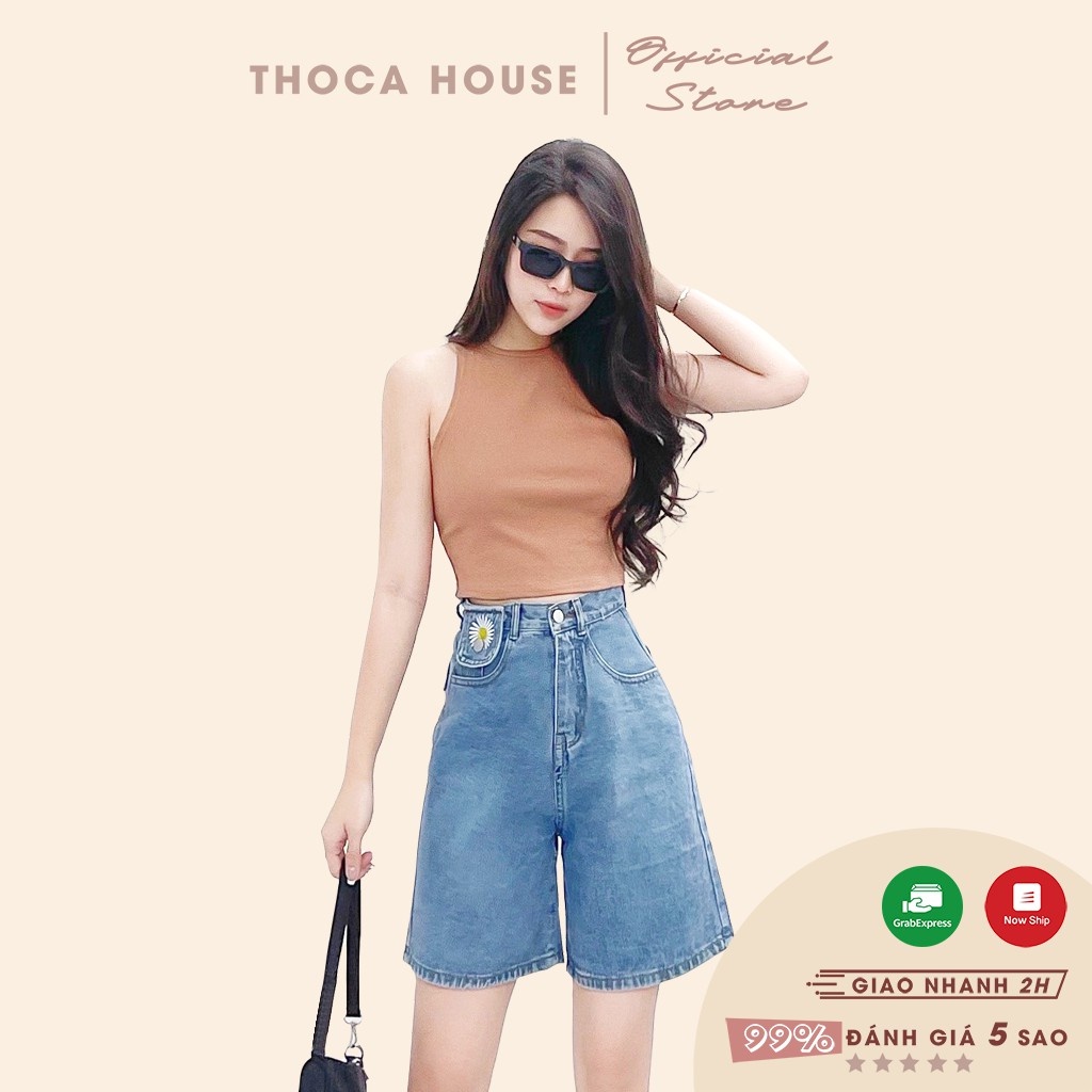 Quần jeans ngố nấp thêu hoa cúc xanh THOCA HOUSE xinh xắn, vải dày dặn, mát mẻ ngày hè