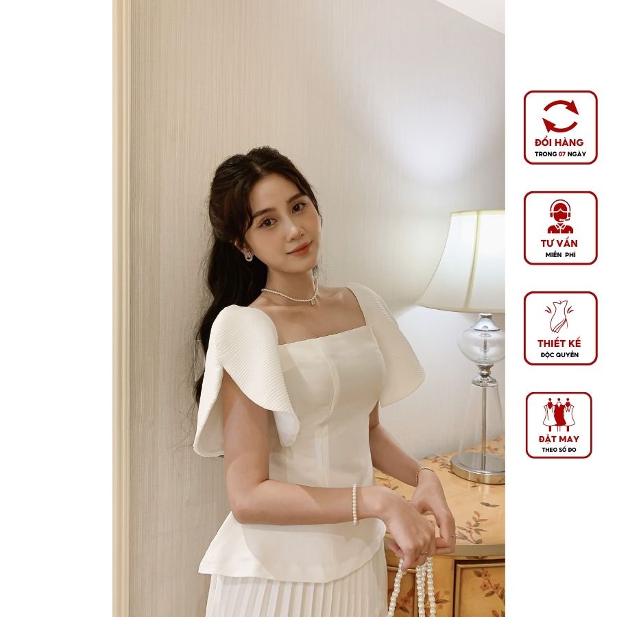 Áo cổ vuông chất Tafeta tay dập ly cánh tiên | Áo kiểu nữ mặc công sở, dự tiệc sang chảnh