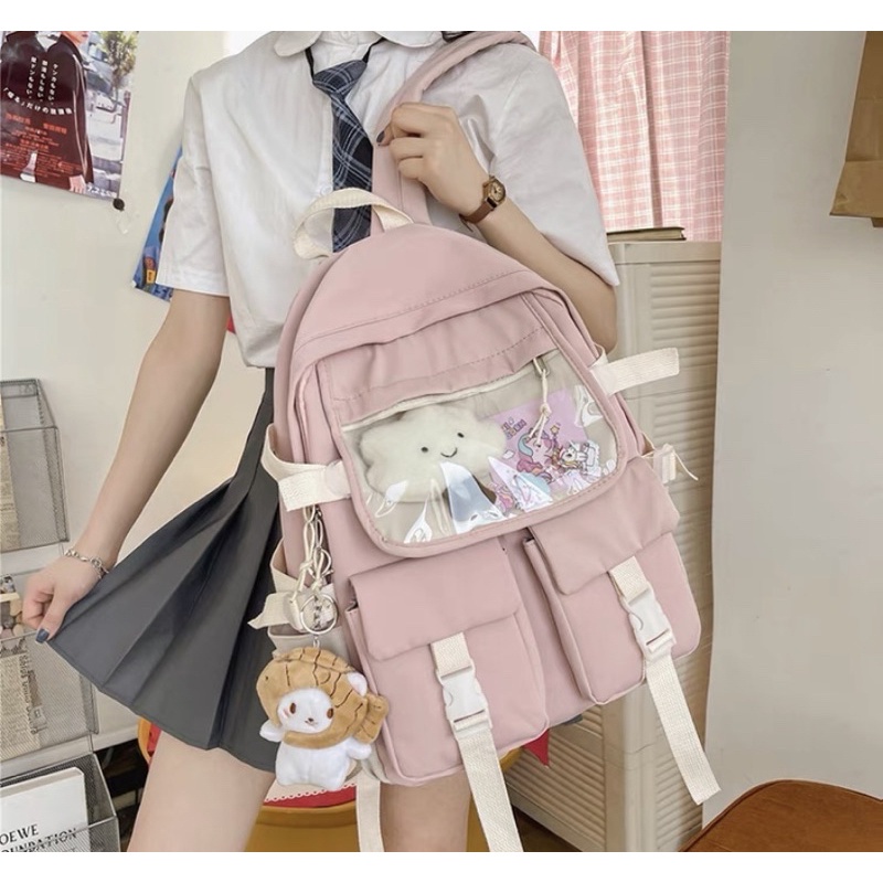 Balo nữ dễ thương cho học sinh cấp 1 2,3, cặp đi học nữ thời trang ulzzang hàn quốc giá rẻ mica viền trắng