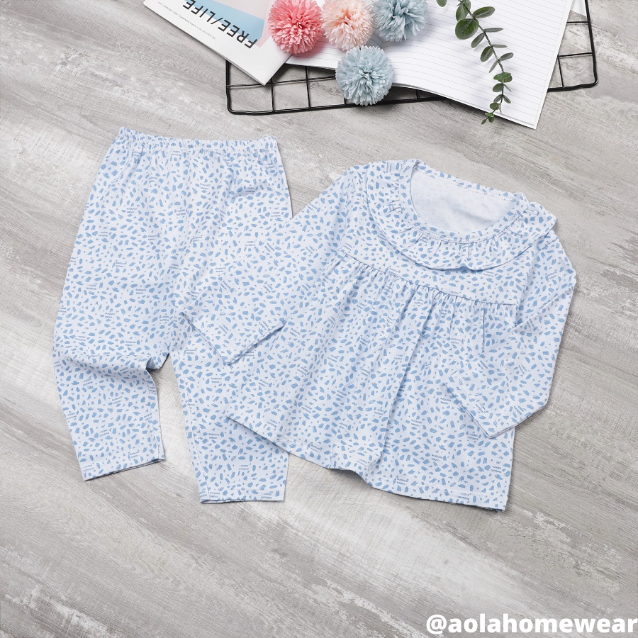 Bộ dài tay bé gái thun cotton mặc ngủ áo babydoll, pijama bé gái cổ bèo họa tiết hoa nhí kỳ lân Áo Lá Homewear A001