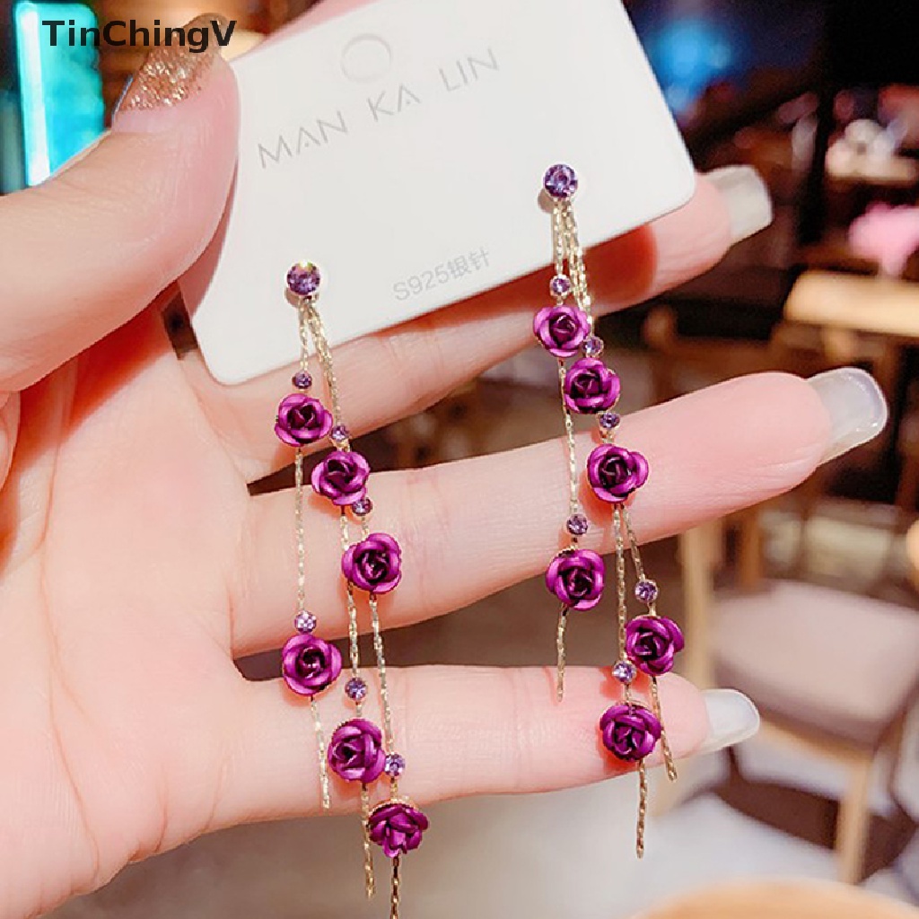 [TinChingV] Bông Tai Dáng Dài Hình Cánh Hoa Tua Rua Màu Đỏ Tím Lãng Mạn Ngọt Ngào Lãng Mạn Cho Cô