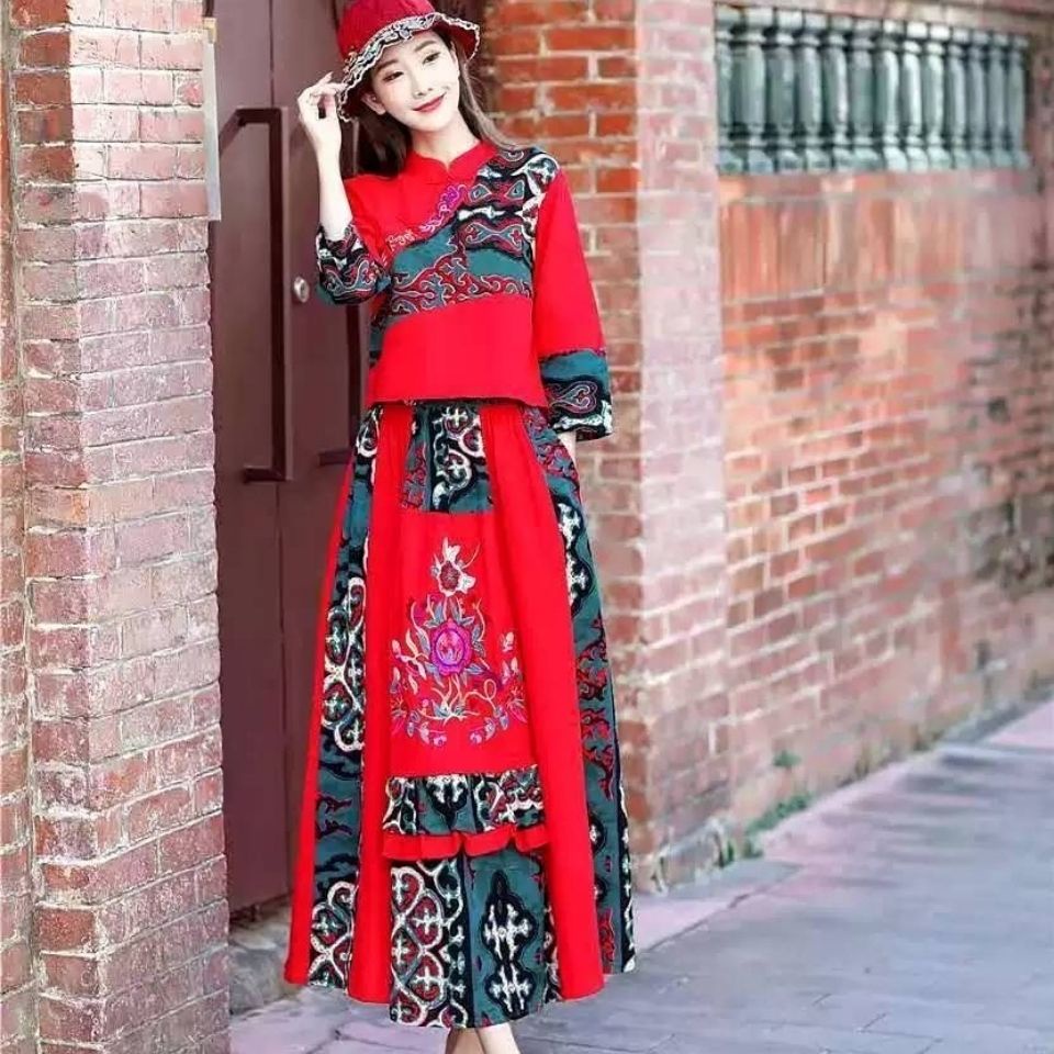Set Áo Và Chân Váy Dài Vải Lanh Cotton Thêu Họa Tiết Phong Cách Trung Hoa Cổ Điển