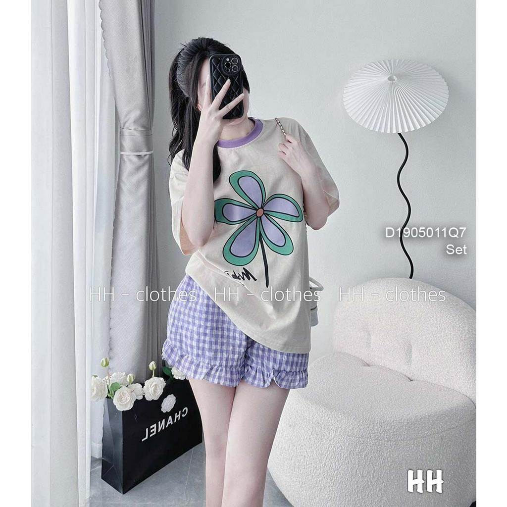 Set bộ đùi 2 món áo thun họa tiết bông hoa tay con kèm quần short caro lai bèo!