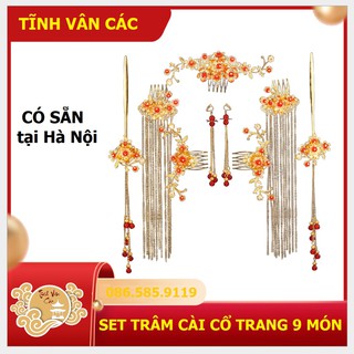 Set trâm cài cổ trang 9 món đào hoa Tĩnh Vân Các (có sẵn full set)