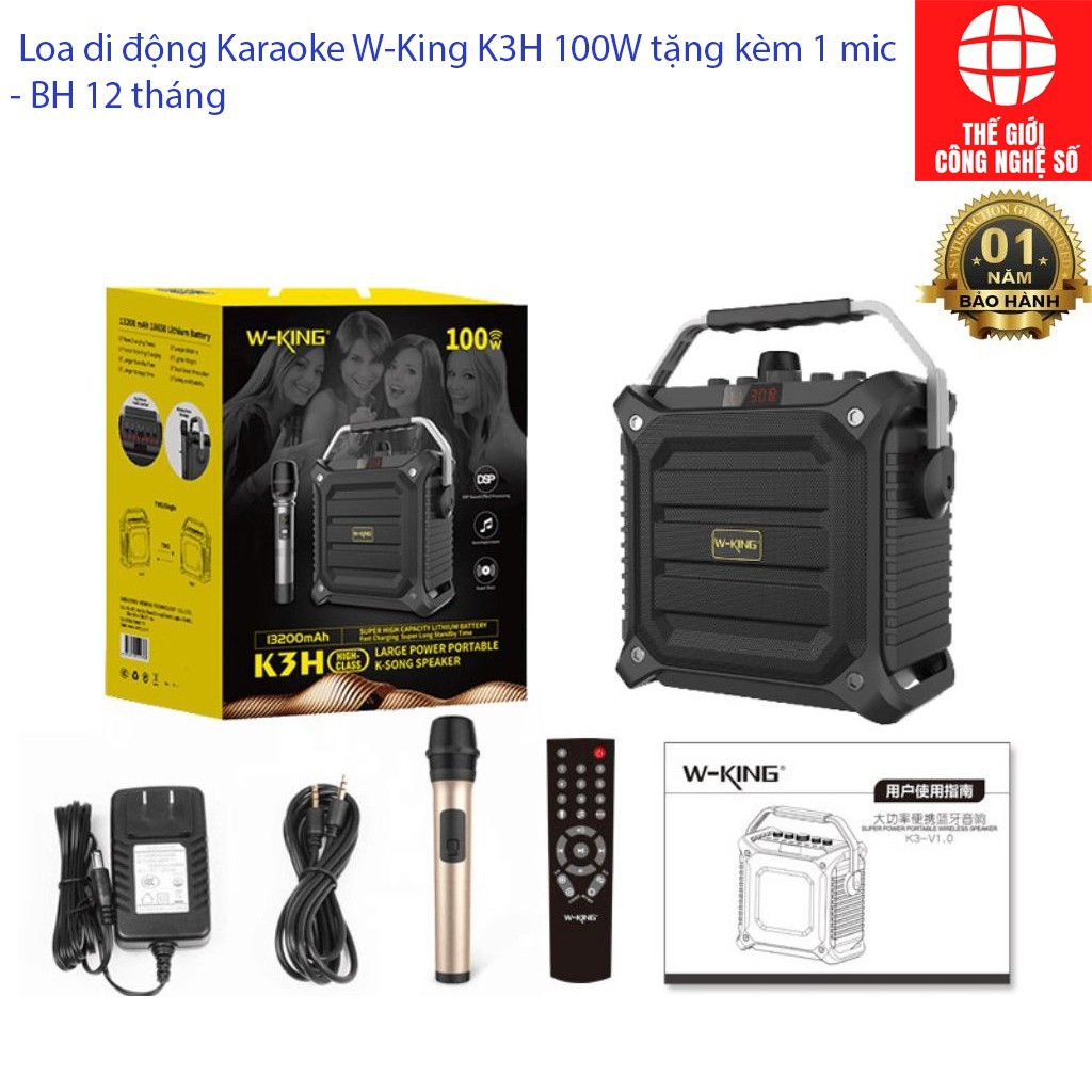 Loa karaoke bluetooth W-King K3H 100W tặng kèm mic, Loa di động, Pin cực lâu - BH 12 tháng