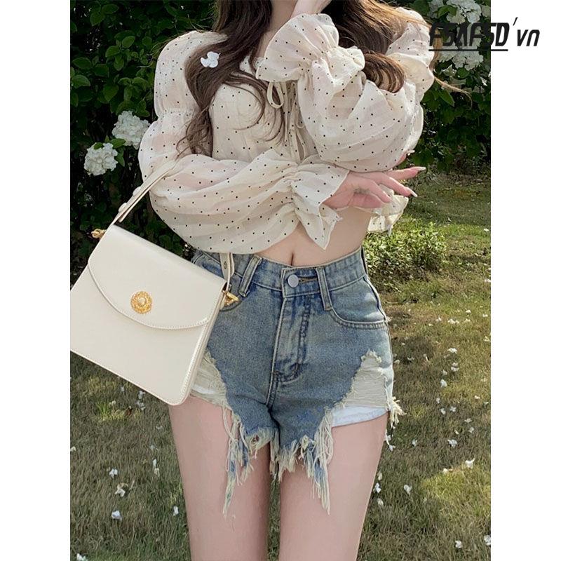 Quần Short Denim Lưng Cao Phối Rách Tua Rua Cá Tính Cho Nữ