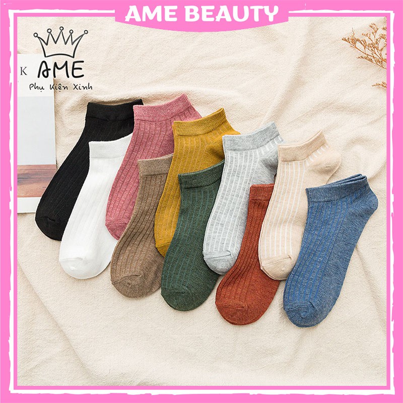 Tất nữ cổ ngắn, vớ cổ ngắn nam nữ họa tiết trơn đơn giản vải cotton co giãn thời trang Hàn Quốc Ame Beauty - ND15