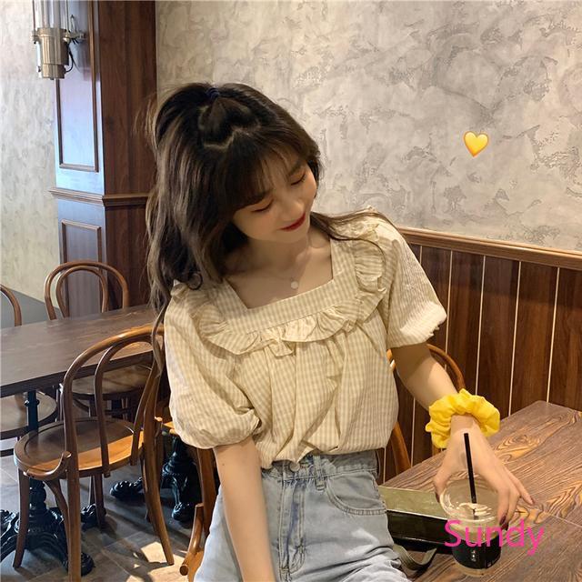 Áo sơ mi tay ngắn rộng rãi cổ vuông kẻ sọc phong cách Hàn Quốc thời trang mùa hè cho nữ