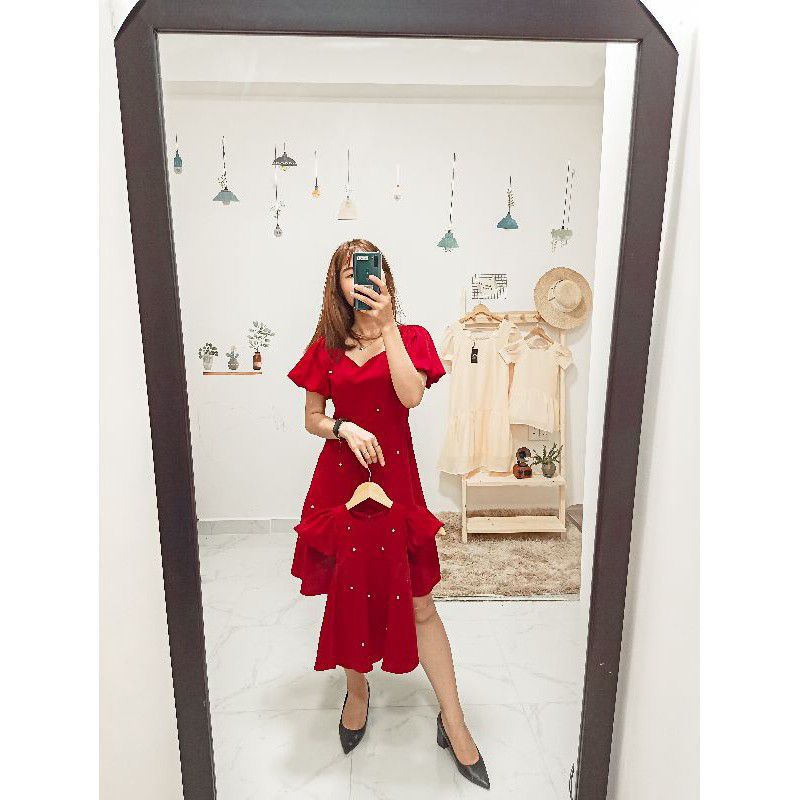 (HÀNG ĐỘC QUYỀN) Đầm đôi mẹ và bé gái màu đỏ đô siêu xinh