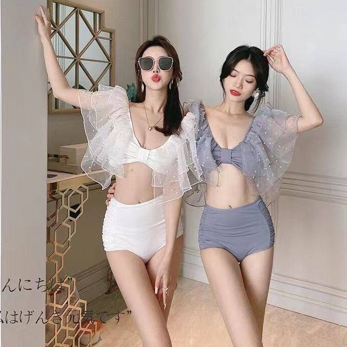 Retro pearl bikini gathered fairy swimsuit cover belly slime splitting swimwear beachwear | BigBuy360 - bigbuy360.vn