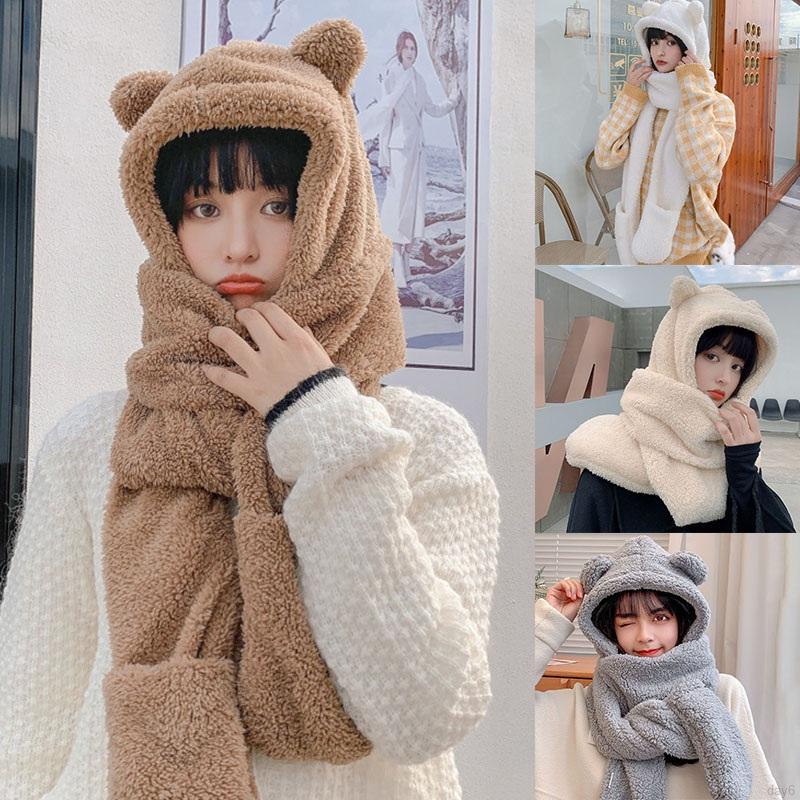 Bộ ba món gồm mũ + khăn choàng cổ + găng tay dày dặn hình gấu dễ thương phong cách Hàn Quốc