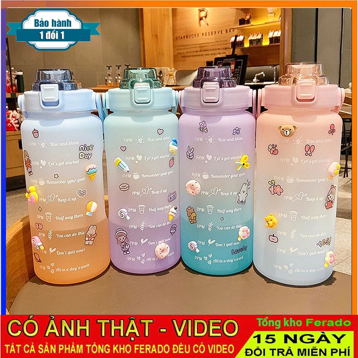 Bình nước 2 lít dành cho người lười uống nước , bình nước cute 2L có ống hút, vạch chia nhắc giờ