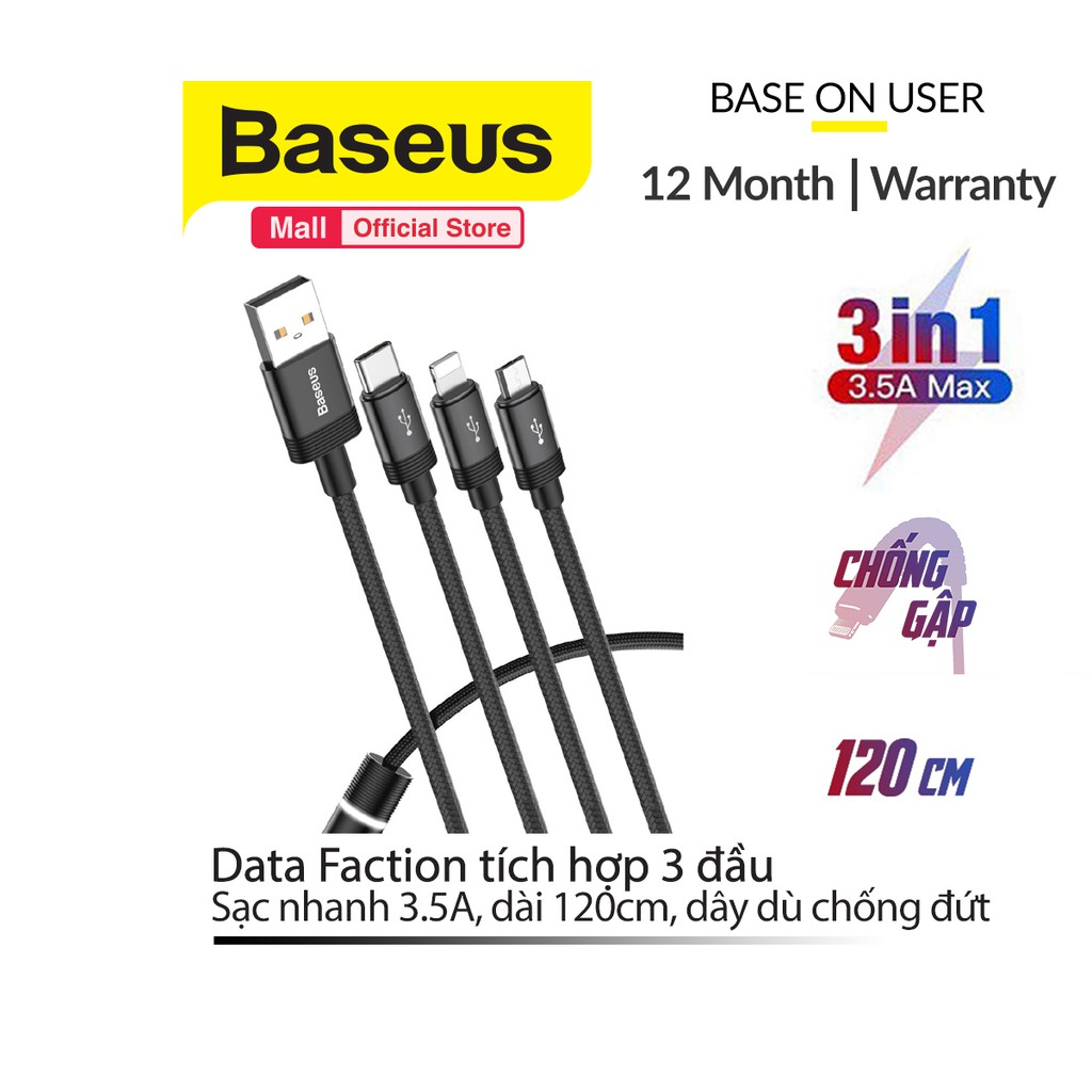 Cáp sạc Baseus Data Faction tích hợp 3 đầu kết nối Type C, Android và Lightning sạc nhanh 3.5A MAX có đèn báo sạc