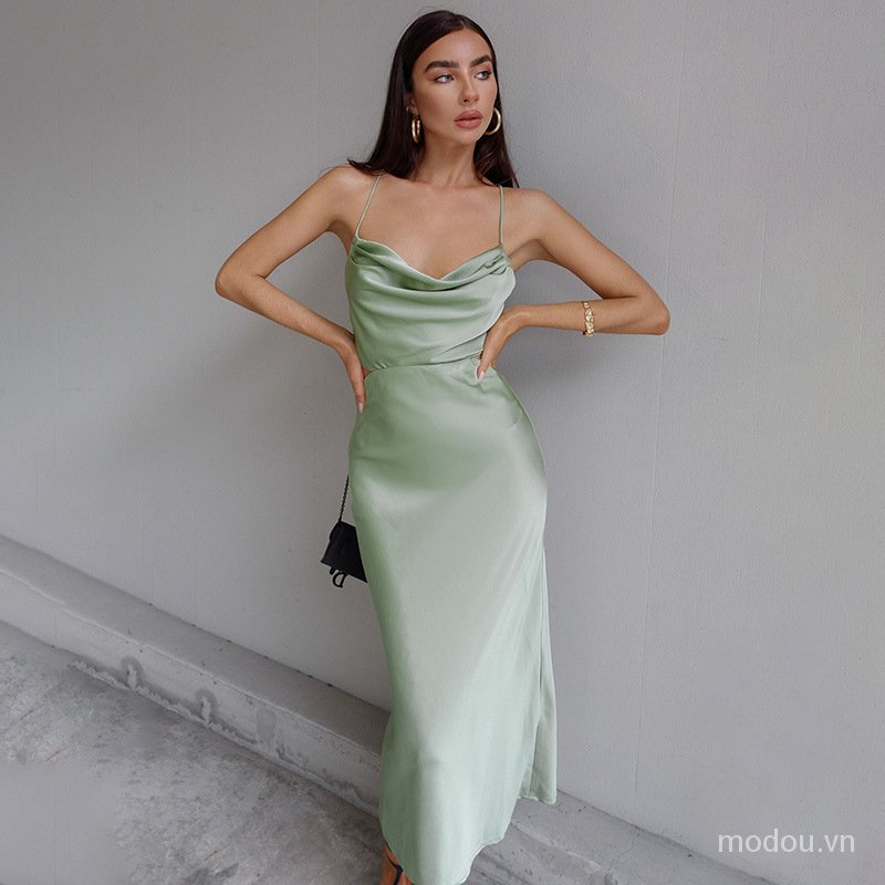 Đầm satin hai dây hở lưng quyến rũ cho nữ dự tiệc