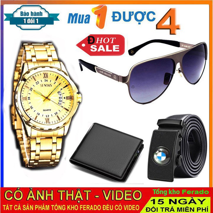 Đồng hồ nam Sandas vàng kèm ví da nam, kính mắt chống UV và dây thắt lưng da | BigBuy360 - bigbuy360.vn