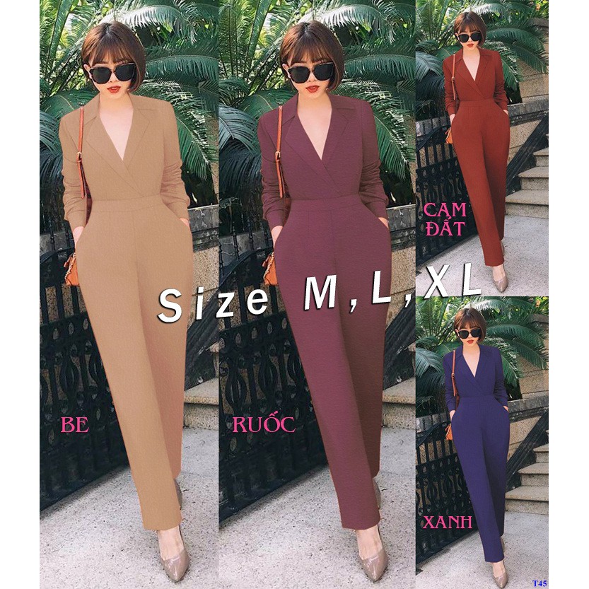 Jumpsuit Dài Áo Cổ Vest Quần Suông Cá Tính