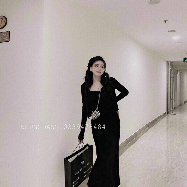 Set đầm body hai dây dáng dài phối nút và áo khoác ngoài siêu đẹp hàng chuẩn kèm hình thật siêu xinh