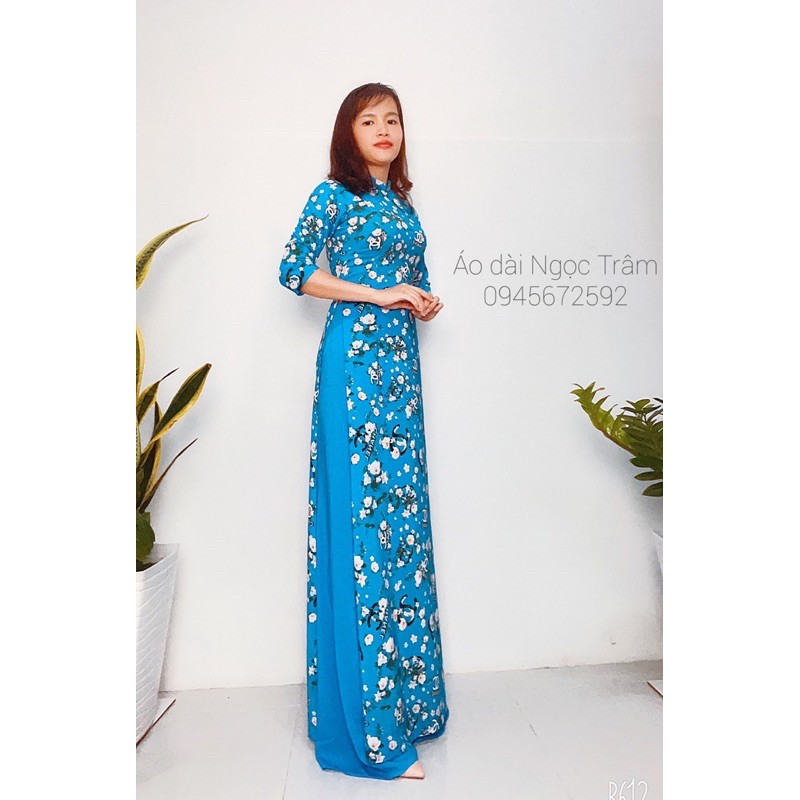 Áo dài truyền thống may sẵn hoa nhí xanh dương