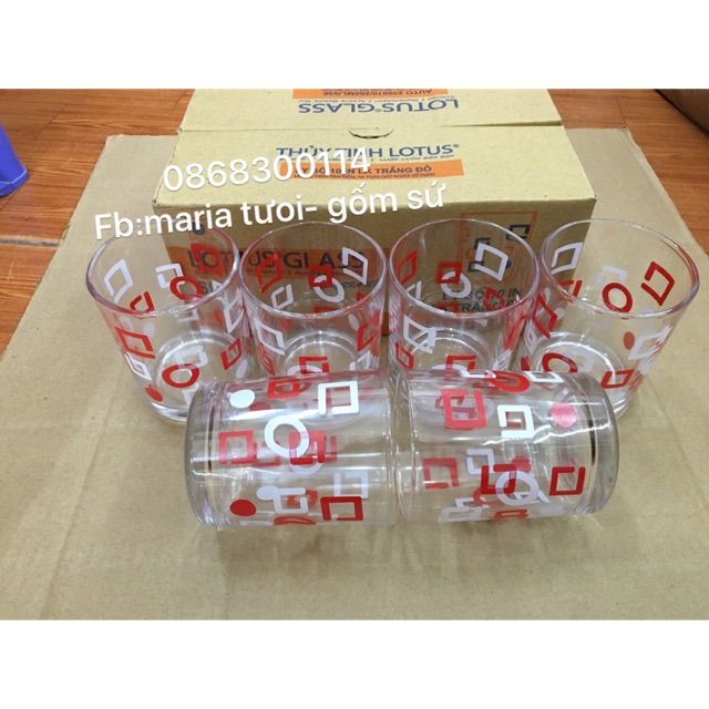 Hộp 6 cốc kẻ trắng đỏ 200ml thuỷ tinh Việt Tiệp