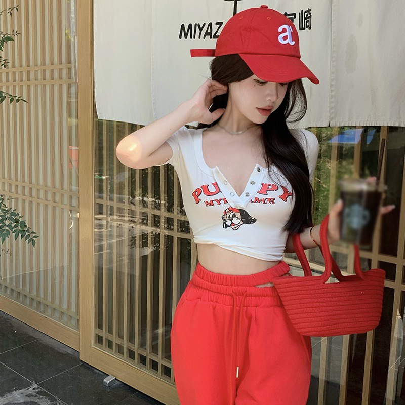 Áo Thun Croptop Ngắn Tay Cổ Chữ U Phối Nút Phong Cách Hàn Quốc Cho Nữ